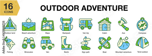 Outdoor Adventure flat icon set. Includes travel, adventure, nature, mountain, lifestyle, and More. Flat icons vector collection.