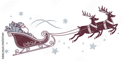 Vintage vector illustration of Santa Claus in a sleigh with reindeer, a snowy winter holiday greeting card design