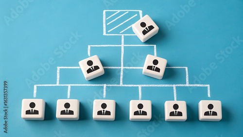Organizational Hierarchy – White Tiles with Person Icons Connected in Management Chart on Blue Background, Abstract, Business, Structure, Leadership, Conceptual