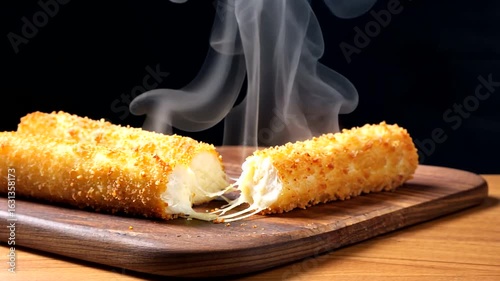 Golden, crispy cheese sticks on a wooden board, steaming and freshly cut, inviting snack