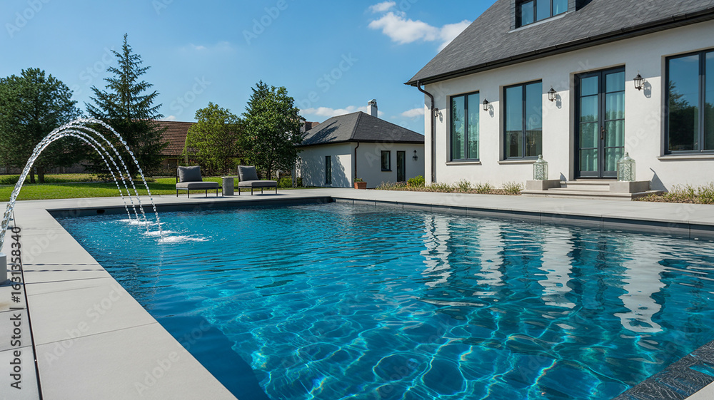 Fototapeta premium Photo of modern house with a luxurious swimming pool and backyard