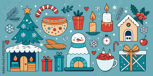 A seamless cartoon Christmas pattern with fun holiday icons and festive illustrations of gifts and toys