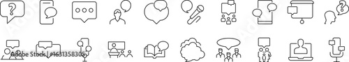 Set of Dialogue Related Line Icons. Speech Bubble by Microphone, Smartphone, Book, People Outline Signs for Graphic and Web Design, Apps, Adverts, Various Cards