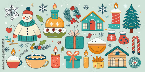 A seamless Christmas pattern background with cartoon houses, snow, gift boxes, and festive holiday decorations