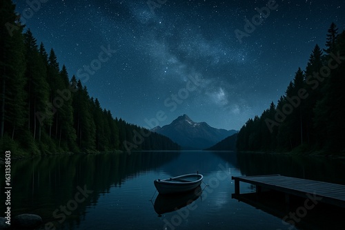 
A tranquil lake reflects a starry night sky and a small rowboat docked near a wooden pier. Surrounding the calm water are dark mountains and a dense pine forest.