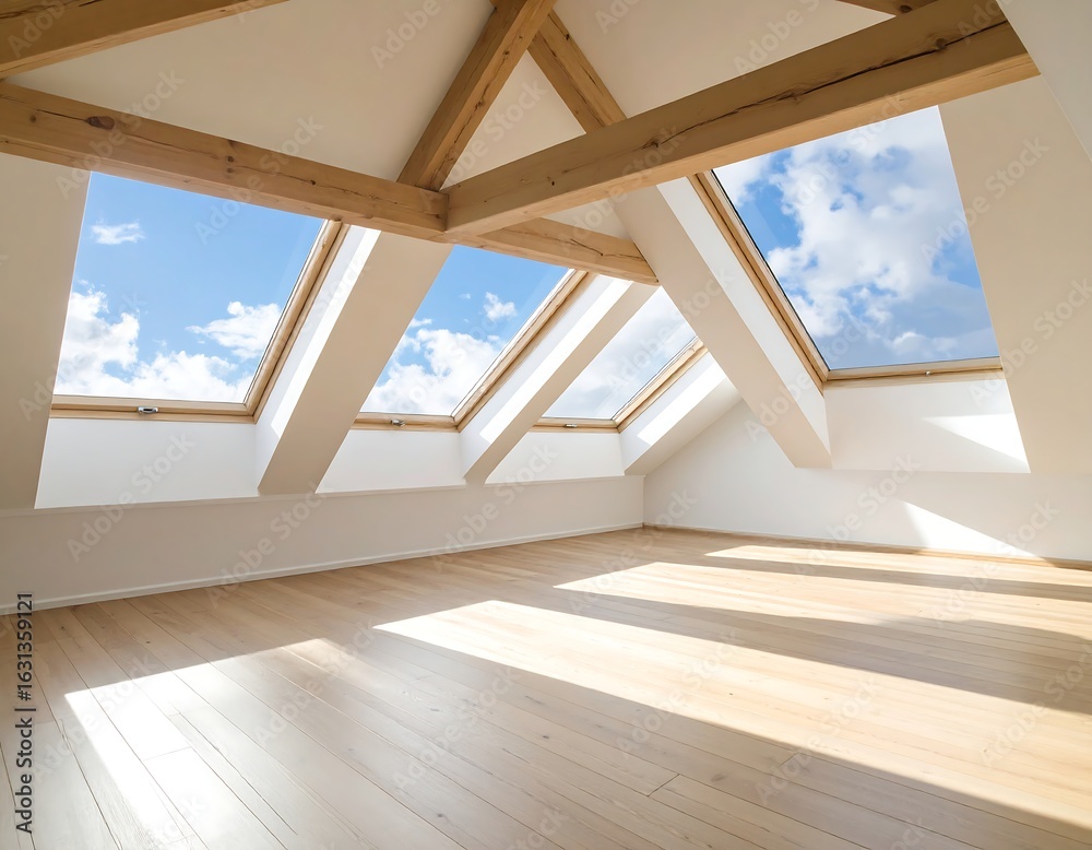 Obraz premium Bright attic room with wood beams, skylights, and light wood floors
