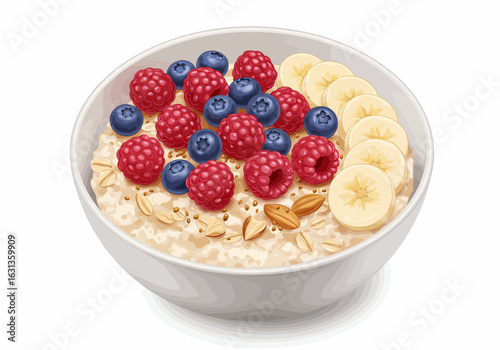 Oatmeal with Raspberries, Blueberries, and Bananas in a White Bowl