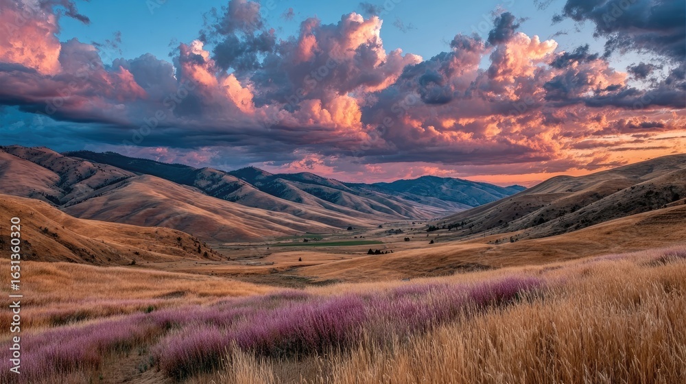 Fototapeta premium Sunset over a valley with hills and clouds