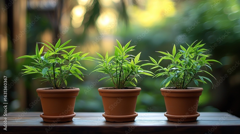 Fototapeta premium Three small potted plants in terracotta pots