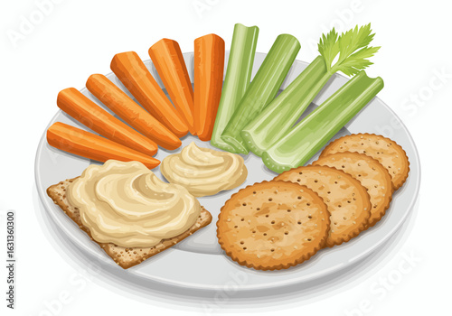 Ppetizing vegetable platter with hummus, carrots, celery and crackers