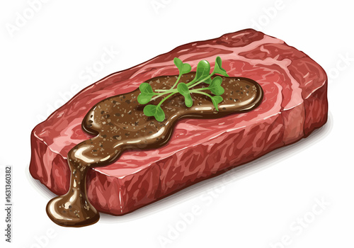 Delicious ribeye steak with sauce and microgreens on white