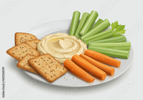 Hummus with Carrots, Celery, and Crackers on a White Plate