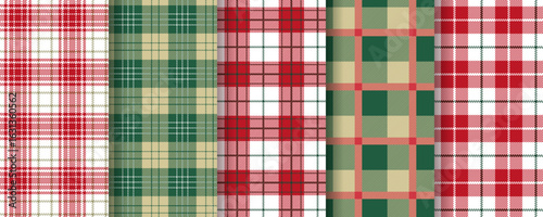 Christmas seamless background. Checkered pattern. Set green red plaid prints. Vichy lumberjack tablecloth. Tartan shirt cloth. Flannel gingham textures. Geometric check backdrops. Vector illustration