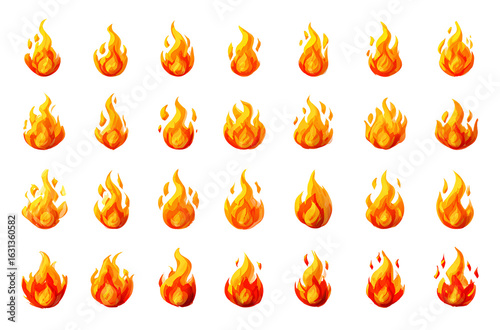  A sprite sheet of flame icons for a game, with a white background. The sprite sheet contains multiple variations of the flame icon.