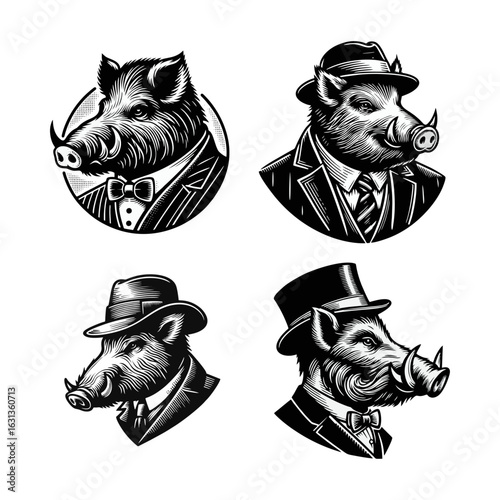Boar Gangsters Set: Vintage Engraving Style Vector Art