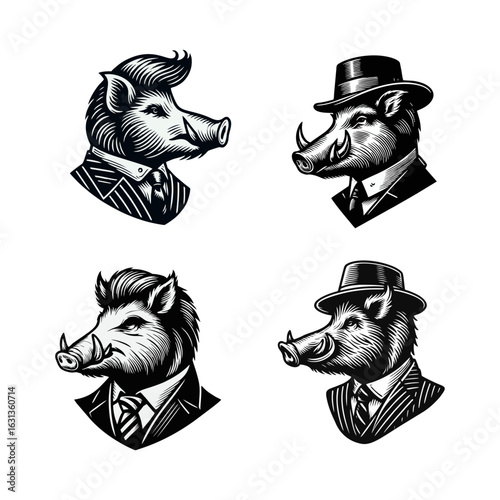 Set of Hog in Suit Vector Illustration
