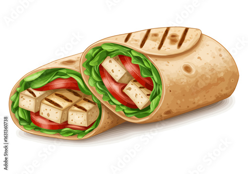 Grilled Tofu Wraps with Fresh Vegetables on a Plain Background