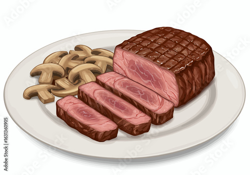 Grilled sliced beef steak with mushrooms on a white plate, food