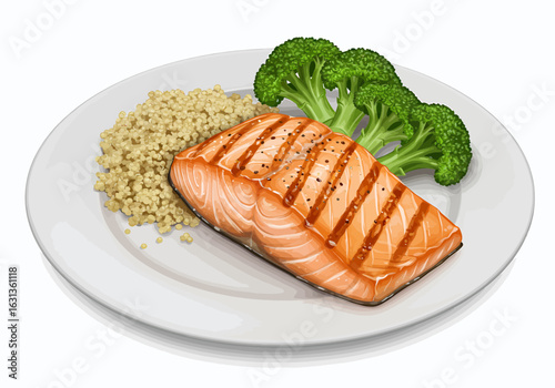 Grilled salmon fillet with quinoa and broccoli on a plate, healthy food