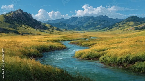 A sunny valley, with a winding river, and rolling mountains in the background. Lush, golden grasses fill the foreground