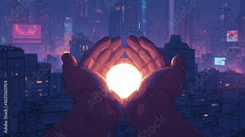 Hands presenting glowing orb amid neon-lit cyberpunk cityscape