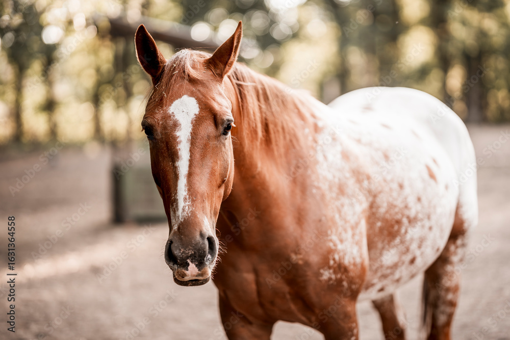 Fototapeta premium beautiful appaloosa chetsnut horse equine with pretty light