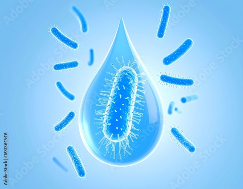 3D Scientific Illustration of Legionella Bacteria Inside Water Droplet – Editorial Visualization of Legionnaires’ Disease Transmission