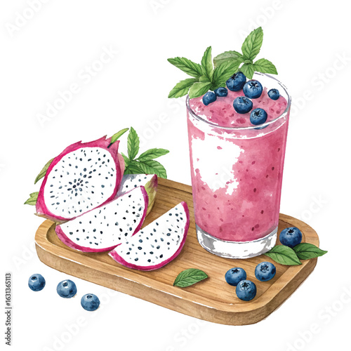 Dragon fruit and blueberry smoothie with mint garnish on a wooden board isolated on white background