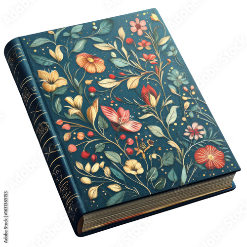 Floral book with vintage botanical illustration, featuring colorful flowers and leaves, perfect for journaling on transparent background