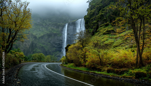 Obraz na płótnie A winding, wet road leads past a powerful waterfall cascading down a moss-covered cliff, surrounded by a misty forest