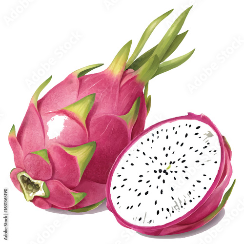Closeup of a whole and halved dragon fruit, showcasing its vibrant colors isolated on white background
