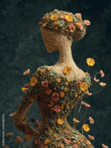 Nature-inspired woman sculpture crafted from twigs and flowers