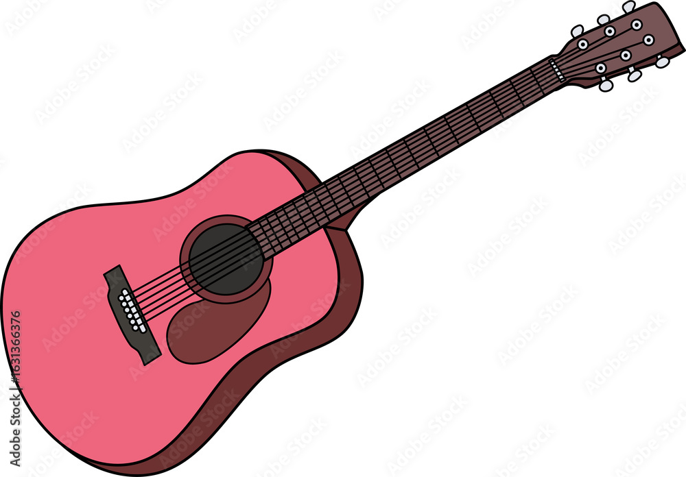 Obraz premium Pink acoustic guitar with dark brown details. Musical instrument concept. Hand drawn outline style for music education.