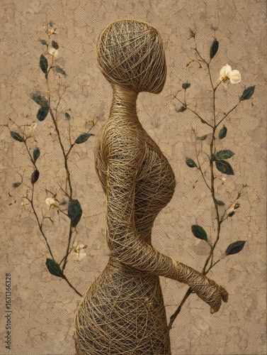 Twine-wrapped human figure sculpture with floral backdrop
