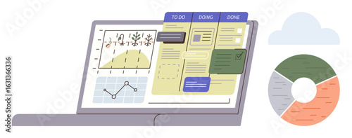 Laptop displaying task board with columns for to-do, doing, and done, accompanied by analytics charts and a pie chart. Ideal for workflow, productivity, task management, planning, data analysis