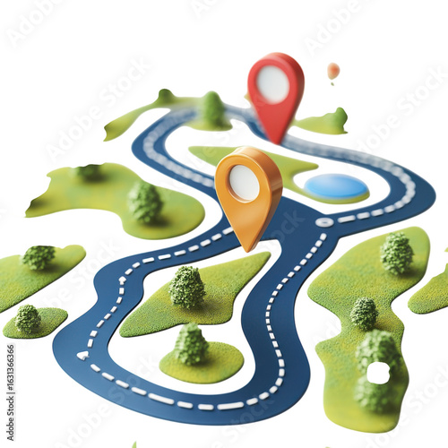 Winding road with location pin markers, representing travel destinations and navigation, ideal for mapping applications and route planning visuals on transparent background