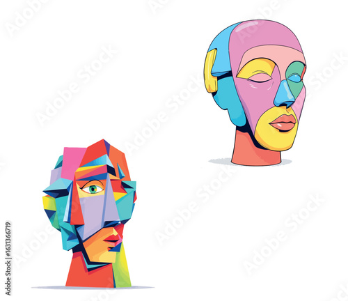 Vsai two colorful cubist heads representing modern art and geometric shapes