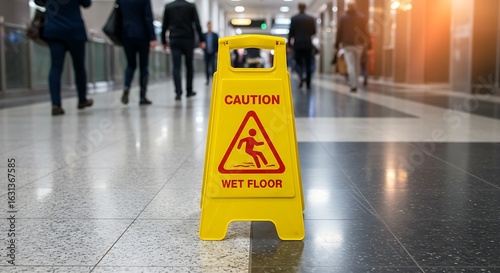 Wallpaper Mural Caution wet floor sign in office building hallway with people walking Torontodigital.ca