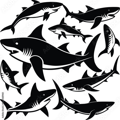 Collection of black sharks on white background