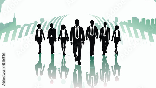 Silhouette of business team walking towards the viewer with city skyline in the background in black and white