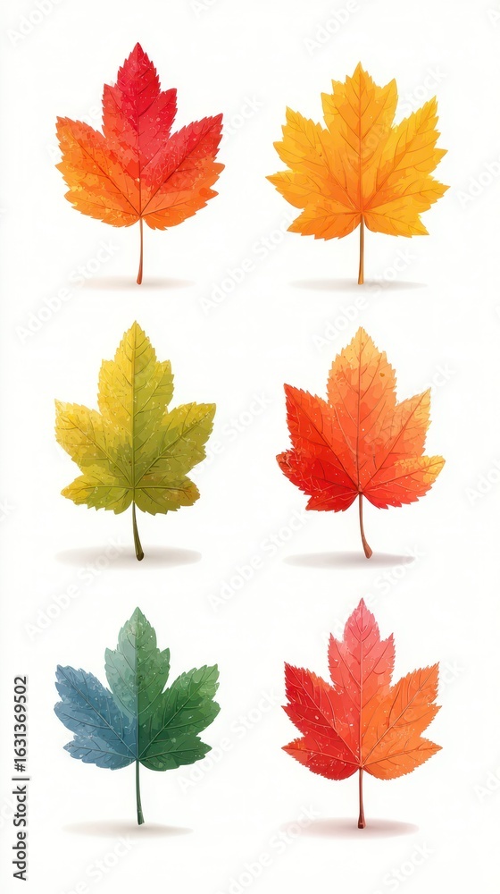 Fototapeta premium Colorful autumn maple leaves displayed in various shades and patterns, showcasing the beauty of fall foliage