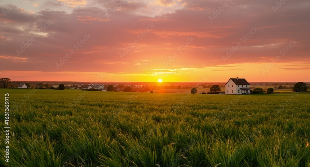 Obraz premium Sunset over Green Field with Rural Home