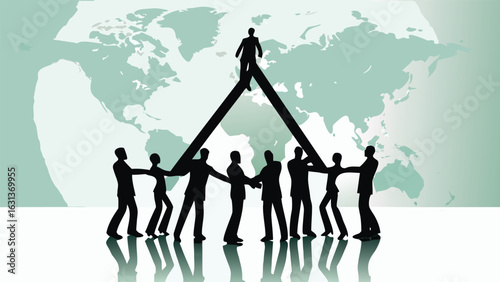 Silhouette of people holding up a triangle with a person standing on top with a world map background