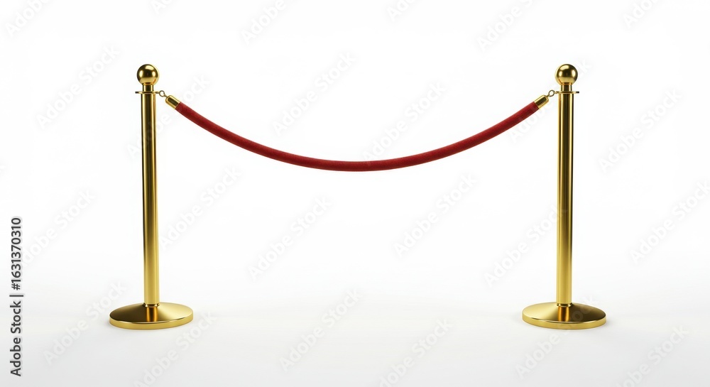 Golden stanchion and red velvet rope barrier for a VIP event isolated on white background Golden stanchion and red velvet rope barrier for a VIP event isolated on white background