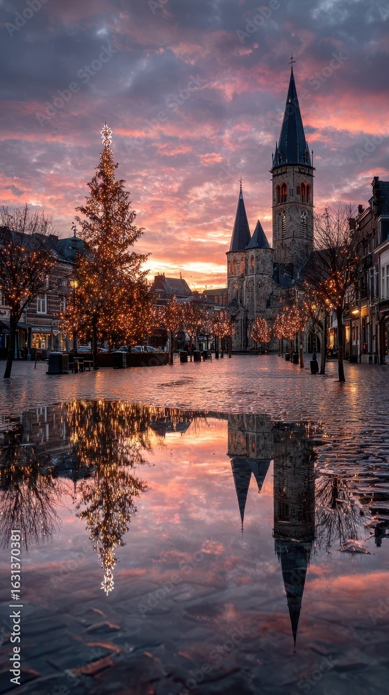 Obraz premium Sparkling holiday lights illuminate cobblestone street at sunset near historic church in European town