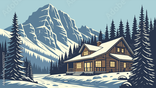 Winter mountain cabin retreat with snow covered trees and mountain landscape vector illustration