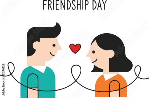 
A simple, flat cartoon illustration of a happy couple holding hands, with a heart floating between them, and a "FRIENDSHIP DAY" banner above, all against a white background.