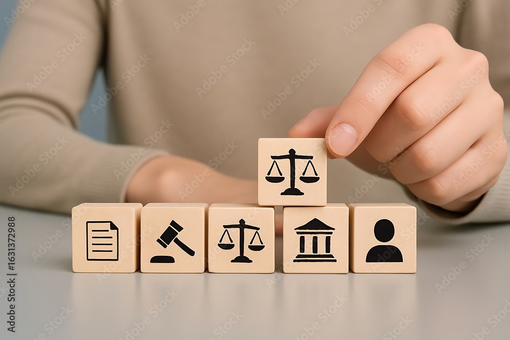 Naklejka premium Hand arranging wooden blocks with law and justice symbols representing legal principles and the importance of ethical judgment