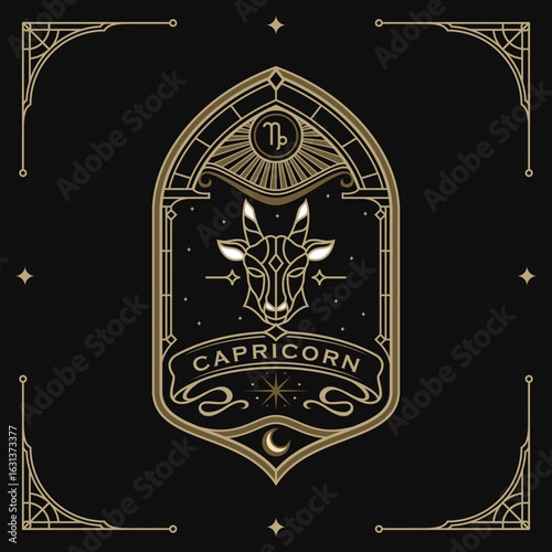  Capricorn zodiac sign astrology horoscope, tarot, fortune teller. gold Vintage mystical illustration outline hand drawing, magical esoteric horoscope template print and poster on black background