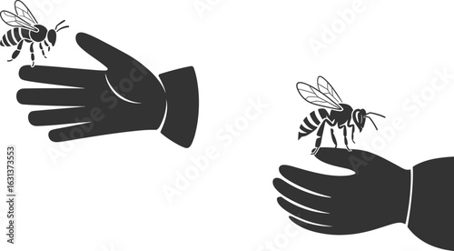 Bee Pollinating Sunflowers, Black and White Illustration of Bee and Flower Interaction, Nature and Agriculture Concept, Bees and Flowers in Garden, Eco-Friendly Pollination, Insect and Plant Symbiosis